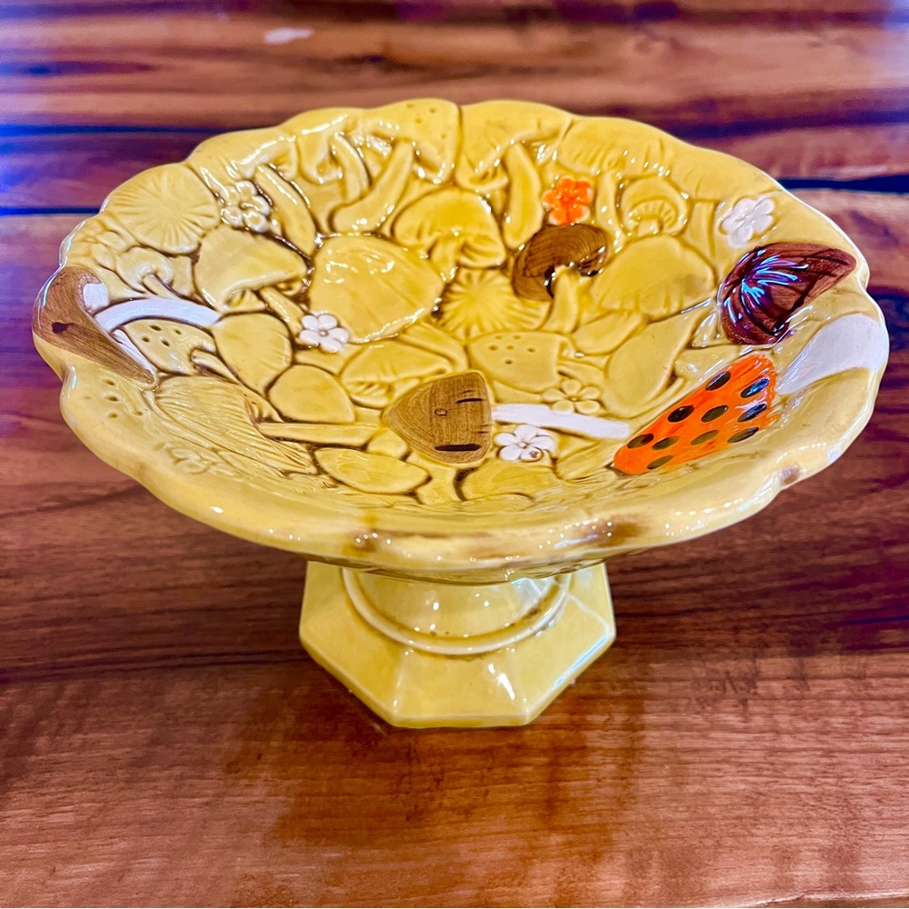 70s Vintage Yellow Mushroom Ceramic Pedestal Bowl